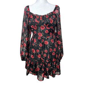 Altard State Floral Puff Long-Sleeve Mini Dress XS Black & Red